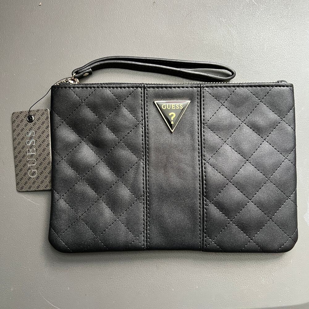 GUESS Black Leather Quilted Wristlet Clutch Bag NWT Zip Closure
